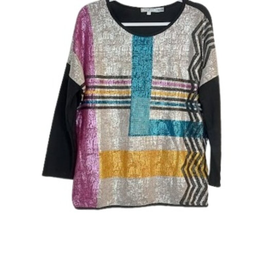 Profile Apparel Womens Knit Top Silver Multicolor Shimmer Beaded Relaxed Fit S